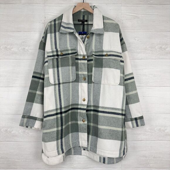 NWT Banana Republic Shirt Jacket Women L Green Plaid Flannel Shacket Oversized - Picture 2 of 16